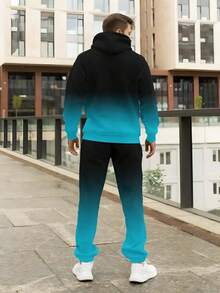 渐变黑蓝男式长袖运动衫和运动裤套装，“PARIS”字母印花休闲时尚套头运动衫，户外健身运动百搭男式连帽运动衫，秋季服装