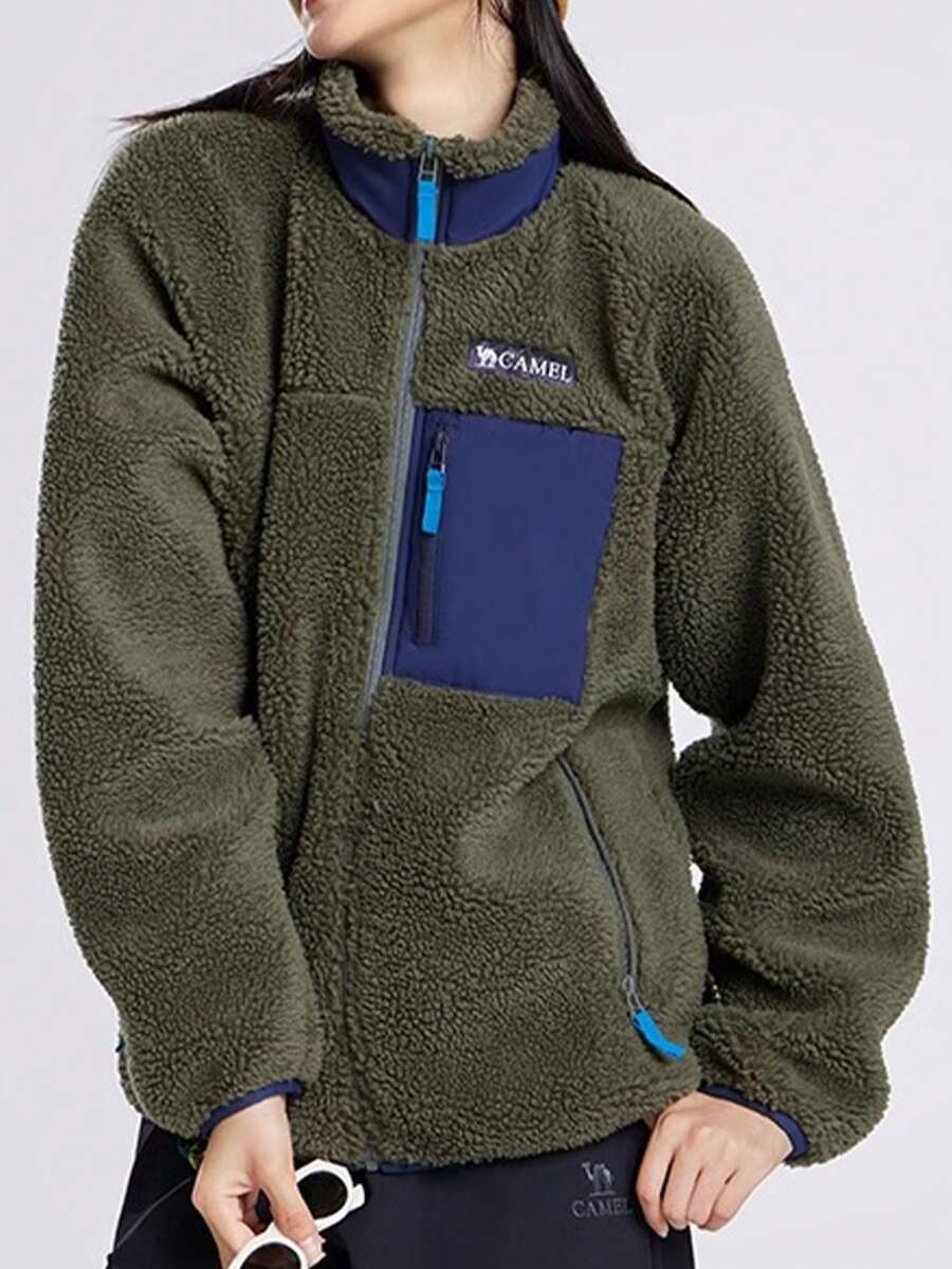 CAMEL CROWN 休闲保暖抓绒外套，加厚情侣秋冬抓绒外套 - 深綠 - 查看 1