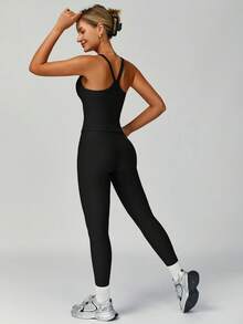 MASKERT 两件套女士运动套装，健身服，瑜伽套装，跑步运动背心套装，高弹力运动服，休闲运动服，亲肤舒适 - 黑色 - 查看 2