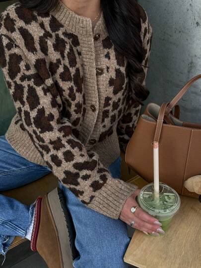 Senya Fashion Leopard Pattern Crew Neck Long Sleeve Knitted Cardigan,Casual Versatile,Daily Life,Office,Birthday Party,Dating,Y2K Tops,Street Style,Cozy Fall And Winter Knitted Sweater Top