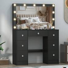 Vanity Makeup Desk Large Dressing Table 11 LED Bulbs Lighted Mirror And 7 Drawer - 黑色 - 查看 2