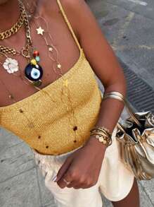 女士性感可爱闪亮针织吊带背心，露背金色夏季服装，适合度假、夜店、街头派对 - 黃色 - 查看 1