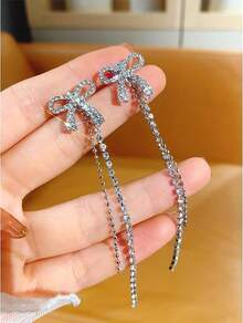 Bow Earrings For Women  Sparkly Rhinestone Chain Tassel Earrings Cute Ribbon Stud Earring Daily Party Jewerly Gifts Christmas Stocking Stuffers - B1: Silver Bow Earrings - View 4
