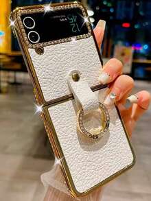 奢华电镀钻石圆环皮革手机壳适用于三星 Galaxy Z Flip 5 Z Flip 6 ZFlip 4 ZFlip 3 5G 时尚闪亮防震后盖防水防摔防刮