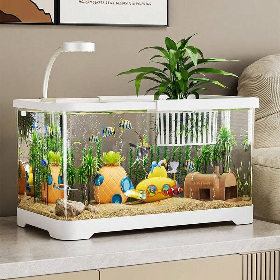 大型透明水族箱,适合养龟,适合家庭、客厅、桌面,带盖和植物篮 - 白色 - 查看 1
