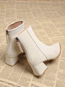 2025秋季新款优雅简约米色短靴，女士粗跟尖头高跟鞋，踝靴，秋冬季百搭时尚踝靴 - 米色 - 查看 5