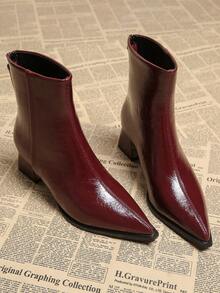 Nuevas botas negras elegantes y minimalistas para mujer, otoño 2025, de tacón bajo grueso y puntera puntiaguda, botas de tobillo versátiles y de moda para otoño/invierno - Burdeos - Ver 3