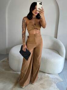 Crepe Silk Set With Openwork On The Sides Of The Waistband. - Rust Brown - View 3
