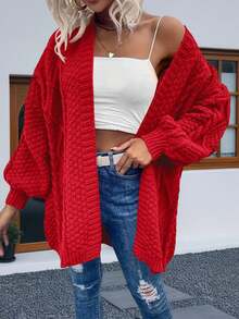 Womens Oversized Open Front Cardigan Sweaters Cable Knit Lantern Sleeve Chunky Knit Coats - Đỏ - Xem 4