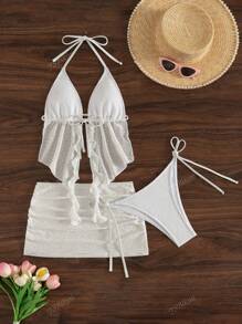 Women's Summer Beach Vacation Spaghetti Strap Backless Sexy Solid Color Special Fabric Side Tie Bikini 3 PiecesSwimsuit Set