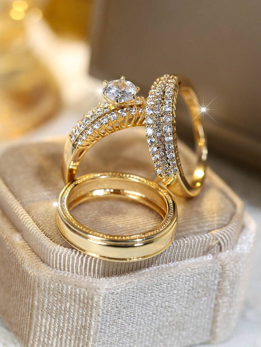 Vanel 3pcs Elegant Stackable Rings, Inlaid With Shiny Zirconia Stones, Engagement/Wedding Rings, Formal Party Decoration, Gift For Your Loved One - 3-piece Set - View 1