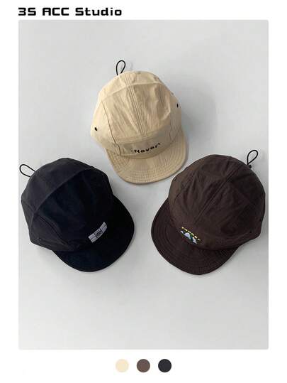 1 pieza Gorra con visera corta y parte superior suave, gorra tipo snapback negra con logo retro, versátil gorra de béisbol de skateboard con visera corta y parte superior suave, transpirable y de secado rápido con corona suave de 5 paneles para acampada y actividades al aire libre, estilo de patinadora y hippie