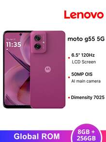 Motorola 联想摩托罗拉 MOTO G55 5G 智能手机全球版，8GB+256GB 存储，联发科天玑 7025 处理器，6.5 英寸 120Hz 刷新率 LCD 显示屏，5000 万像素 OIS 主摄像头，1600 万像素前置摄像头，5000mAh 电池，支持 33W 快充。*支持多种语言，是送给孩子和父母的绝佳圣诞礼物。