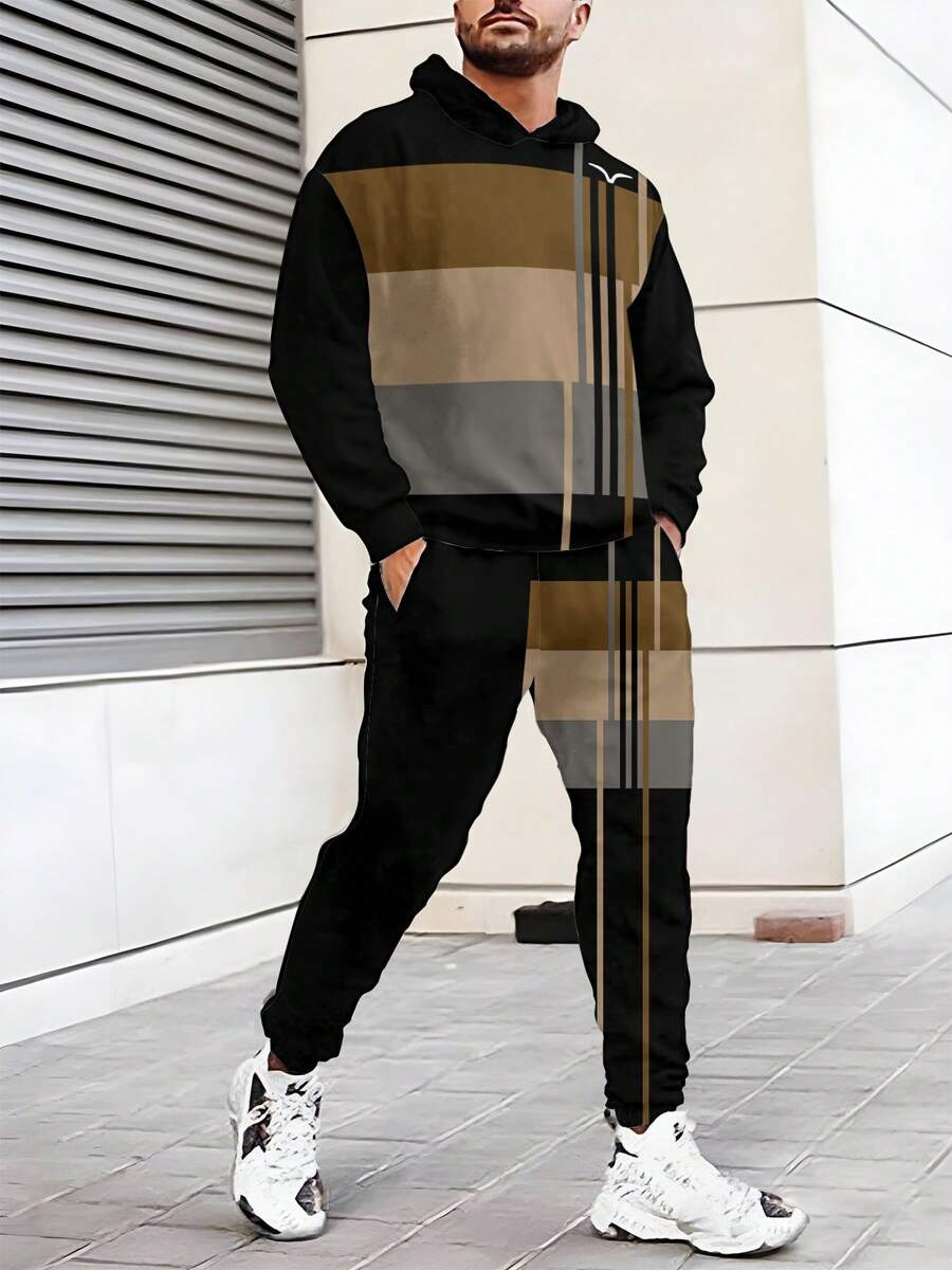 条纹印花拼色男士春秋季长袖长裤套装海鸥印花休闲男士套头衫和运动裤套装户外日常健身男士春秋季连帽运动衫套装