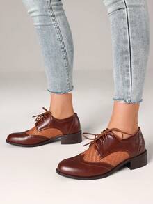 Women's Pointed Toe Lace-Up Brogue Pumps Fashion Mixed Colors Patchwork Block Chunky Heel British Style Flat Oxford Shoes - Nâu B - Xem 2