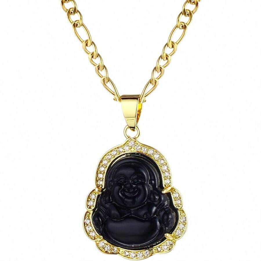 Men Chain NecklacesBuddha Pendant Necklace For Women Men 18K Gold Plated  Inlay Multicolor Buddha Head For Protection 3MM Flat  Necklace Chainfor Boys - 黑色 - 查看 1
