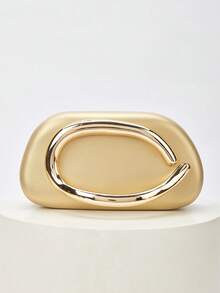 1 件欧美时尚金属装饰迷你盒式手拿包，迷人金属饰边女士派对手提包，优雅奢华的晚礼服感觉，皮革设计派对/婚礼/舞会手拿包配金属链，优雅的舞会包 - 金色 - 查看 3