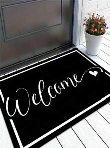 1pc Flannel Welcome Home Rug - Black With White Cursive Letter & Heart Design, 100% Polyester Blanket, Indoor Doormat, Suitable For Hallway, Bedroom, Kitchen, Balcony Home Decor, Elegant Handwritten Style For Home Decor, Room Decor, Small Rug, Living Room Rug, Bedside Rug - Black and White - View 3
