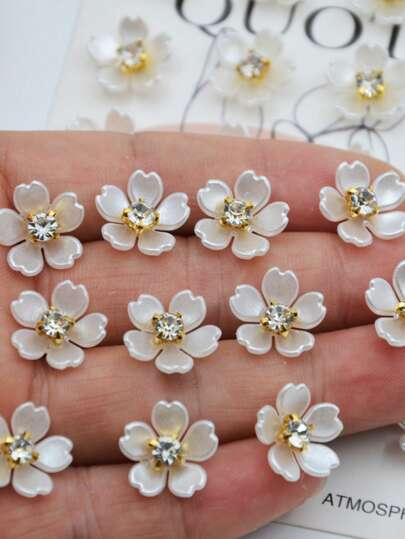 200/100/50/30pcs/Pack, 14mm 5-Petal Flower, Gold Base Claw Crystal Resin Flower, Pearls Without Holes, Decorative Accessories For Clothing, Bags, Shoes