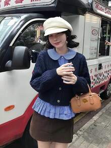 Cute Peter Pan Collar Fitted Waist Long Sleeve Ruffle Front Button Plaid Blouse For Women Valentine's Day, Winter/Spring