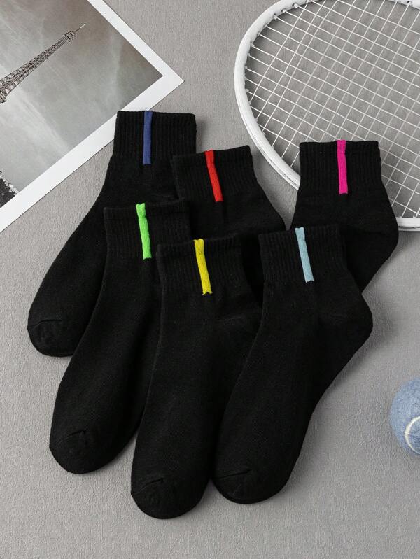 6 Pairs Black Stripe Moisture Wicking Comfortable Short Socks, Versatile College Style
