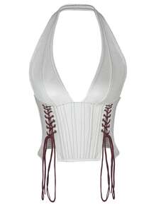 Apperloth A Y2K风格露背抹胸短款上衣，性感V领PU皮革铆钉系带露背上衣，派对吊带衫，夜店、音乐节、婚礼季休闲白色夏季 - 白色 - 查看 2