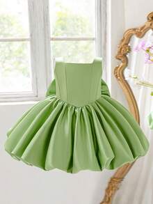 Baby Mädchen einfarbiges ärmelloses Satin Schleife Tüll Elegantes Geburtstags Party Kleid, ohne Haarband