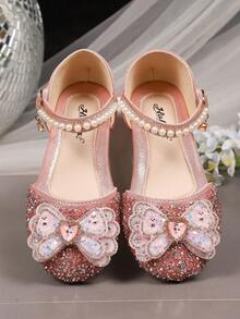 1 双时尚百搭粉色女孩珍珠和水钻蝴蝶结装饰可爱平底凉鞋，圆头，适合日常穿着、跳舞、春秋季户外穿着，闪光装饰包头公主鞋，尺码偏小半码 - 粉色 - 查看 5