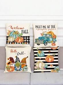 1/4 件亚麻印花方形抱枕套，感恩节南瓜图案枕套（不含枕芯），柔软面料，适合客厅、卧室、沙发、汽车、四季、返校季、节日礼物、秋季装饰、房间装饰