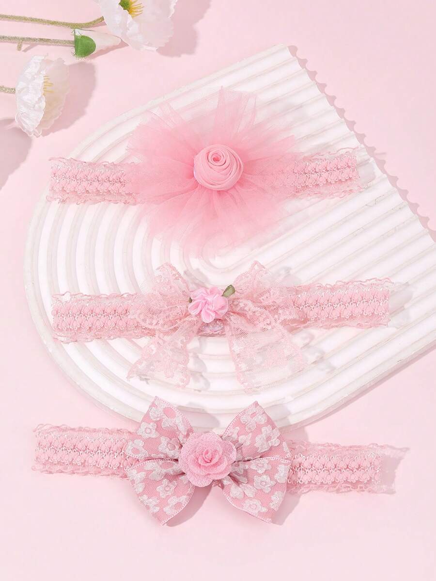 3 Stücke süße rosa Stirnbänder für Babys, niedliche Mesh-Rosenblumen-Haarspangen für Kleinkind Säuglinge, Neugeborene, elastische Nylon-Haarbänder, weich und dehnbar, Neugeborenen-Fotorequisiten, Baby-Shower-Party-Kopfschmuck, Baby-Haraccessoires