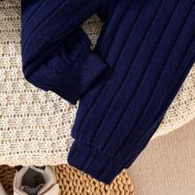 Infant Boys Blue Ribbed Patchwork Long Sleeve Pocket Embroidery Top & Blue Ribbed Pants Set - Blue - View 5