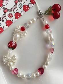 1pc Red Cherry Pendant Phone Lanyard, Phone Accessory Compatible With Camera CCD, Keychain Decor For Bags, Clothes, Designed For Women - Multicolor - View 4