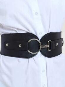 1 件女士黑色 PU 大圆扣腰带，时尚简约，适合日常通勤和派对穿着