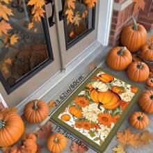 1pc Thanksgiving Rustic Pumpkin & Floral Print Holiday Doormat, Soft Non-Slip Absorbent Machine Washable Kitchen Mat, Festive Cozy Entryway Rug, Rectangular Low Pile Holiday Home Decor Mat For Living Room, Bedroom, Kitchen, Laundry Room, Bathroom