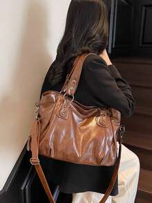 Große Kapazität einfarbige Damen Schultertasche, modische Damenhandtasche mit geräumigem Platz, personalisierte Schulter Umhängetasche geeignet für den täglichen Gebrauch, Schule, Ausflüge, Einkaufen, Geschenke, Reisen, Pendeln - Braun - Übersicht 3