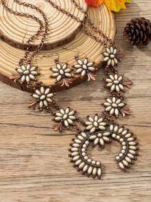 Colier cu lanț dublu turcoaz din bronz antic, stil boem vintage pentru femei, retro personalizat, cu potcoavă, din aliaj de zinc, potrivit pentru asortarea ținutelor, purtare zilnică, sărbători și alte ocazii