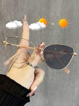 1pc New Metal Color Changing Glasses, 2-In-1 Cat Eye Fashion Decorative High Quality Spring Leg Eyeglasses For Outdoor & Indoor Wear