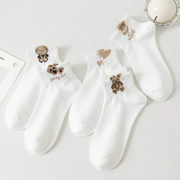 5 Pairs White Cute Bear Moisture Wicking Student Ankle Socks