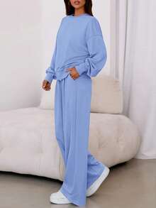 Womens 2 Piece Sets Long Sleeve Sweatshirt Wide Leg Pants Loose Matching Lounge Set  Fall Outfits - Blue - View 4
