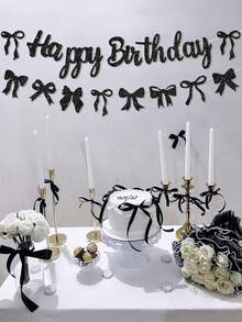 一套黑色蝴蝶结闪亮“生日快乐”横幅，女孩派对背景装饰，生日快乐蝴蝶结花环横幅，闪亮粉色生日快乐蝴蝶结装饰，粉色生日派对用品，一周岁生日派对横幅，新娘送礼会装饰，家居卧室客厅婚礼户外装饰 - 黑色 - 查看 3