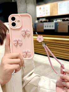 Bow-Knot 1pc Elegant Pink Bow Full Body Shockproof Phone Case Compatible With Apple 11, 11 Pro Max, 12, 12 Pro Max, 13, 13 Pro, 13 Pro Max, 14, 14 Plus, 14 Pro, 14 Pro Max, 15, 15 Pro, 15 Plus, 15 Pro Max, 16, 16 Pro, 16 Plus, 17 Pro Max With Clover Lanyard - Pink - View 3