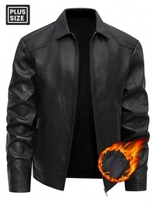 加大码男士长袖前拉链口袋夹克，皮夹克，秋冬装，保暖内衬厚夹克，男士皮革冬季大衣，大码和高码 - 黑色 - 查看 1