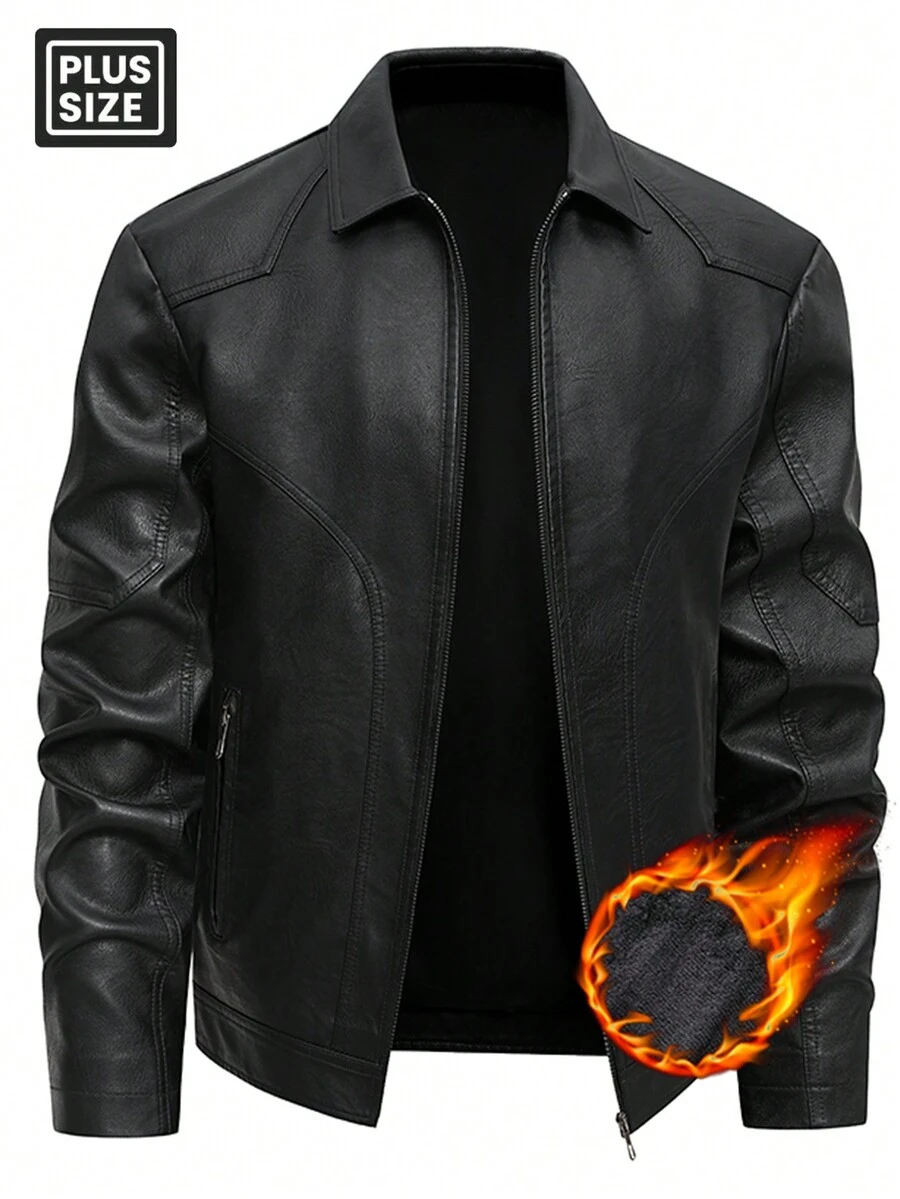 加大码男士长袖前拉链口袋夹克，皮夹克，秋冬装，保暖内衬厚夹克，男士皮革冬季大衣，大码和高码 - 黑色 - 查看 1