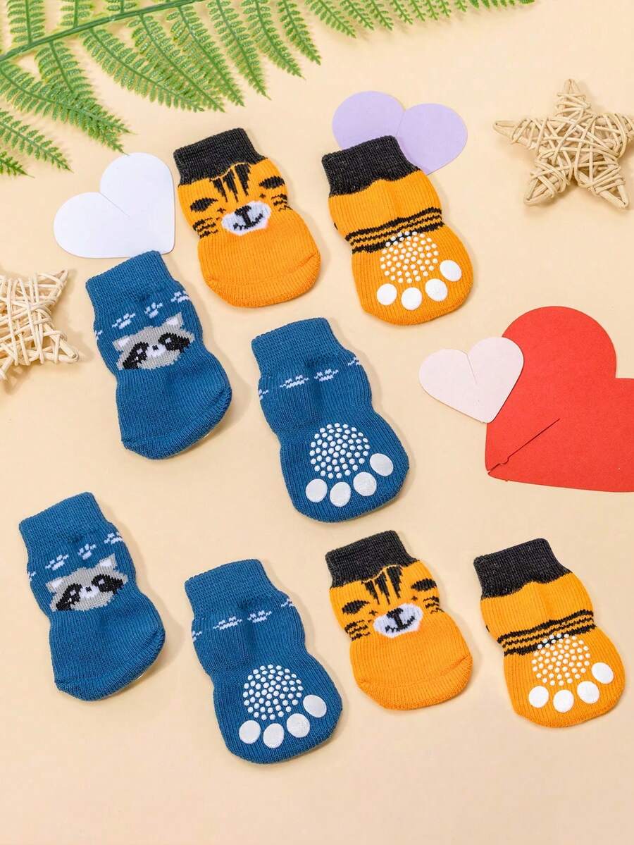 4/8只装宠物袜，随机老虎和浣熊图案，可爱宠物袜 - 彩色 - 查看 1