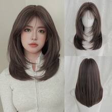 NAMM 18 Zoll lila schulterlange Perücken für Frauen, wunderschöne flauschige gerade Perücken mit Pony, synthetische Vollperücken für den täglichen Gebrauch, Musikfestival, Party, Anime oder Kostümfotografie - Violett - Übersicht 10