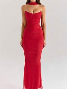 Sheath Top Lace Up Hanging Neck Slim Package Hip Skirt Dresses Dresses Party Prom - Đỏ - Xem 1