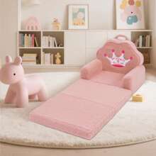 Kids Couch, 2-In-1 Convertible Soft Sherpa Fabric, Toddler Chairs Comfy 1-5 Years Old, Cartoon Animal & Crown Design, Toddler Furniture For Bedroom And Playroom, Pink Crown, Medium - 粉紅皇冠 - 查看 3