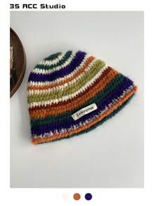 1件秋冬季美拉德撞色蝴蝶结条纹波点手工钩针编织帽，大头围深帽冠，加厚保暖，适合冬季，百搭彩虹条纹针织渔夫帽，女士款。 - pipi標混彩 - 查看 1