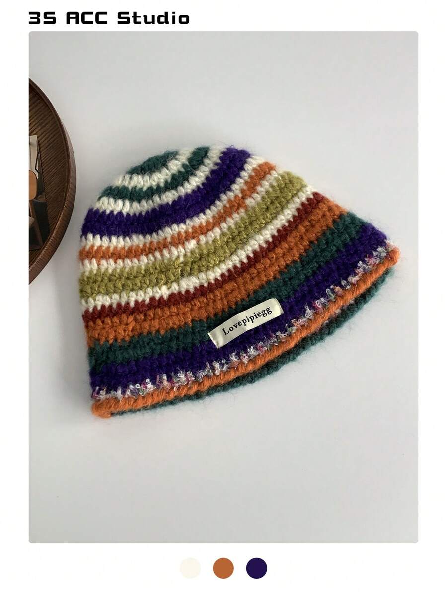 1件秋冬季美拉德撞色蝴蝶结条纹波点手工钩针编织帽，大头围深帽冠，加厚保暖，适合冬季，百搭彩虹条纹针织渔夫帽，女士款。 - pipi標混彩 - 查看 1