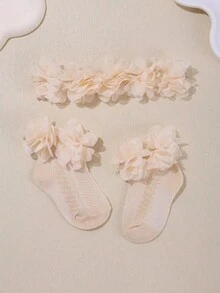 1pc Baby White Chiffon Flower Headband + 1 Pair Baby Hollow Out Socks